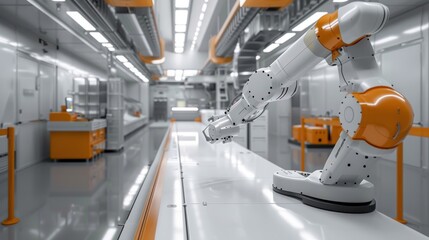 Advanced factory floor, robotics integration, high-speed production line, modern industrial design, precision technology