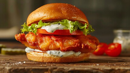 A crispy fish sandwich with lettuce, tomato, and tartar sauce on a brioche bun