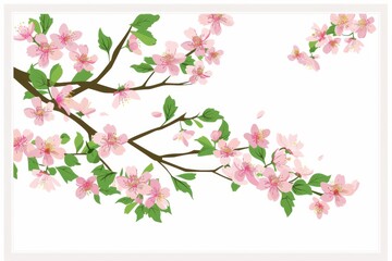 Fototapeta premium Children's book style whimsical Illustration with flat pastel colors, Contour drawing, outline all shapes, Create a beautiful picture of a Cherry Blossom (Prunus serrulata) with delicate pink flowers 
