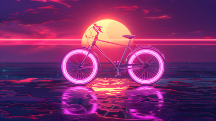 Fototapeta premium Neon synthwave bicycle with sunset background. synthwave bike. Illustrations