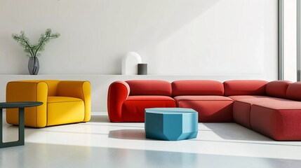 A modern living room with minimalist furniture, featuring a red sofa, yellow armchair, and blue coffee table, all against white walls