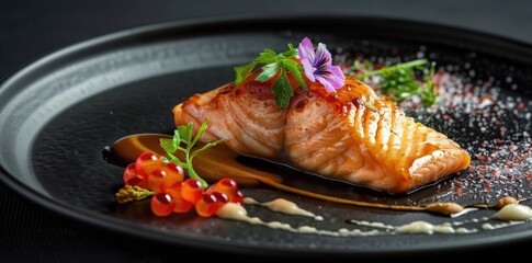 Salmon with a flower garnish and sauce on a black plate.