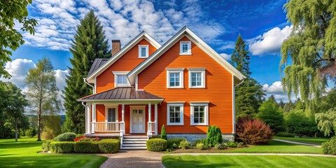 Bright orange house with white trim surrounded by green trees and blue sky , vibrant, colorful, home, residence, architecture, exterior