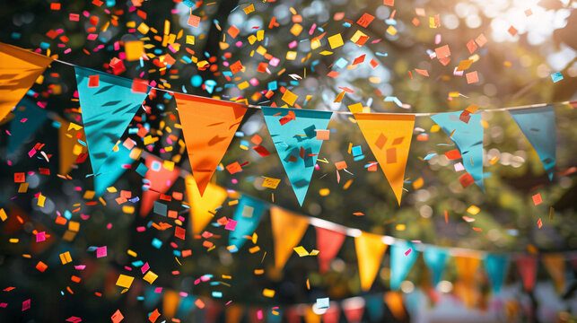 Bright and cheerful party banner with streamers and confetti for an outdoor celebration