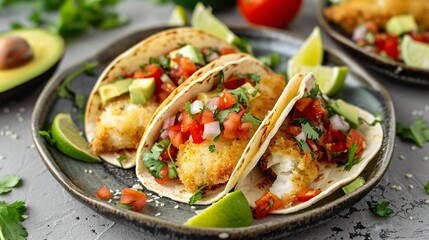 Crispy fish tacos with fresh salsa, avocado, and lime wedges on a rustic plate