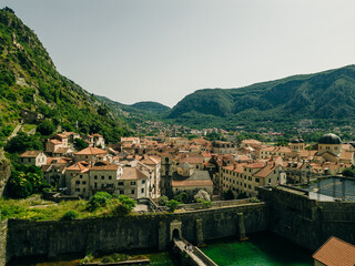 Fototapeta premium Panoramic aerial view of Perast small town along the Kotor Bay, Montenegro.