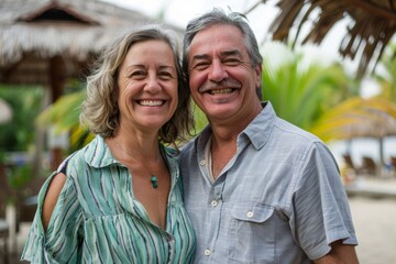 Obraz premium Portrait of a happy caucasian couple in their 50s wearing a simple cotton shirt isolated on tropical beach bar background