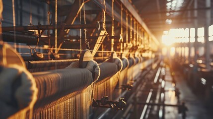 Machines spinning and weaving cotton threads into fabric in a textile mill