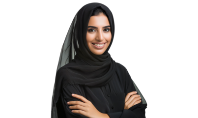 Smiling young Arab woman in a black dress, isolated on transparent background