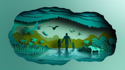 Naklejka premium Paper cut illustration of a family visiting the Singapore Zoo with detailed animal enclosures and happy visitors showcasing family-friendly activities Stock Photo with copy space