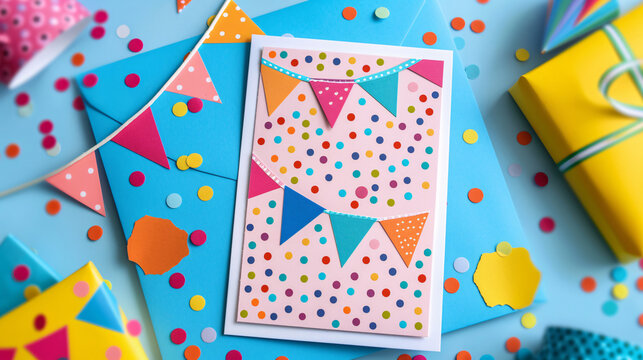 Bright and fun birthday card with colorful balloons and a festive pattern
