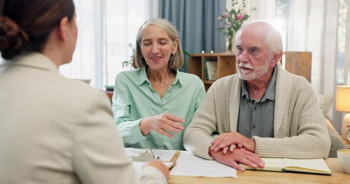 Senior couple, sales agent and handshake with paperwork for insurance with life or funeral cover and security. People, relationship and document or contract with deal, agreement and transaction