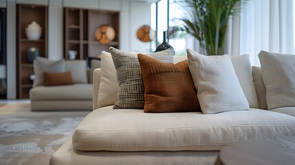 Fototapeta premium Cozy Modern Living Room with Stylish Cushions and Elegant Decor