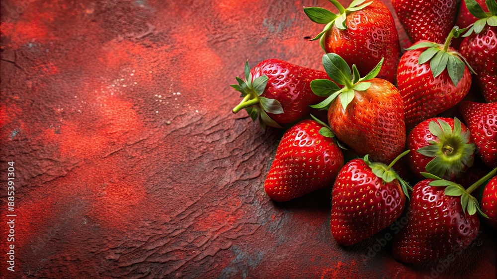 Poster Close-up of juicy strawberries on textured red background, oil painting, fresh, strawberries, red, background, artistic