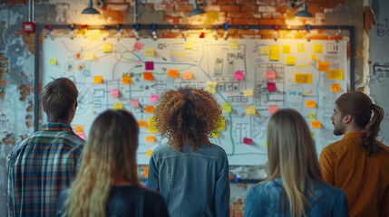Obraz premium Diverse Team Brainstorming with Sticky Notes on Wall in Creative Workspace
