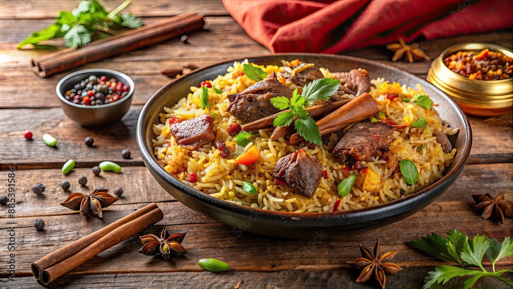 Canvas Prints Delicious traditional Indian dish of Mutton Biryani with aromatic spices and tender meat , Biryani, Mutton, Rice