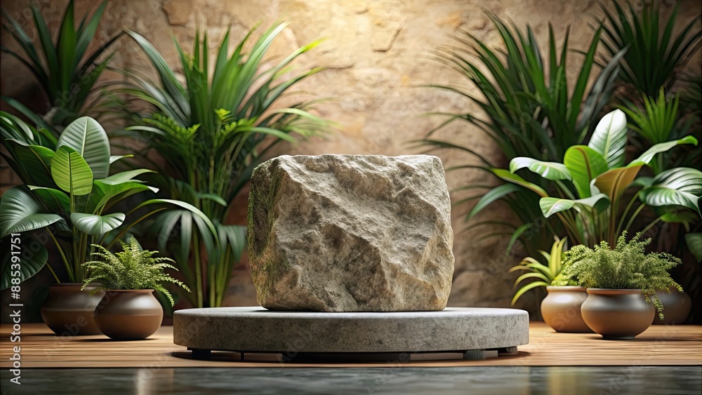 Wall mural Rock podium display with a rock slab plant in the background, rock, podium, display, slab, plant, background, nature, stone