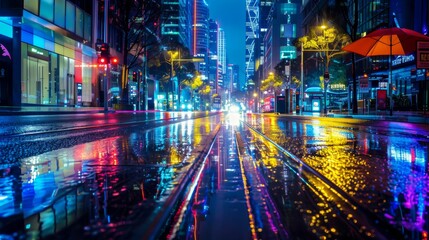 Fototapeta premium It captures the lively and lively atmosphere of the city's nightlife. Wet roads reflect neon light, with glistening wet pavements adding colorful reflections and creating eye-catching images.