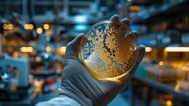 Close-up of a scientist's hand holding a petri dish with bacterial colonies, with lab equipment in the background