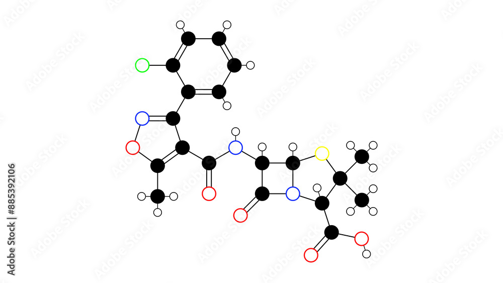 Wall mural cloxacillin molecule, structural chemical formula, ball-and-stick model, isolated image antibiotic