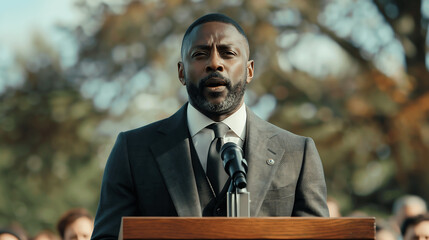 Public Speaker Delivering a Speech at Outdoor Event in Formal Suit