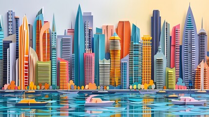 Obraz premium Detailed paper cut art of the Dubai Marina with yachts and high rise buildings capturing the vibrant waterfront life of Dubai Stock Photo with copy space