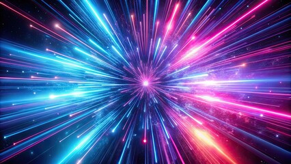 Naklejka premium Abstract pink blue light trail with exploding hyper jump into another galaxy, neon glowing rays in motion