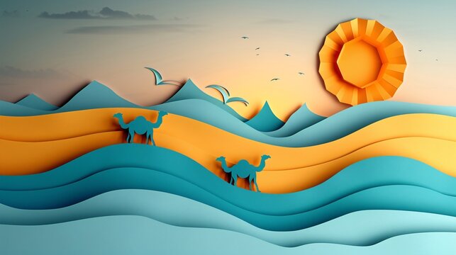 Illustration of a desert safari with paper cut details of camels and dune bashing highlighting the adventurous side of Dubai Stock Photo with copy space