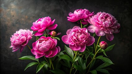 Pink peonies blooming against a velvety backdrop of darkness, peonies, pink, flowers, bouquet, velvety, darkness, blooms