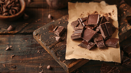 Dark chocolate pieces and cocoa beans with a blank card for festive messages