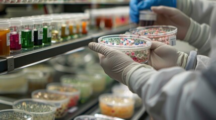 Close-up of a laboratory technician's hands handling bacterial cultures, with a background of lab tools and notes
