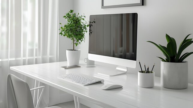 Minimalist Home Office with Modern Desktop and Greenery