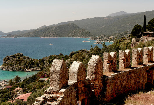 views of simena castle or kalekoy ancient lycian village in kekova region antalya, turkey