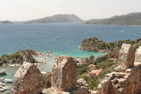 views of simena castle or kalekoy ancient lycian village in kekova region antalya, turkey