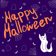 happy halloween greeting card post, internet, social media, flat vector illustration, simple dark background with gost, for children 