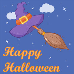 happy halloween greeting card post, internet, social media, flat vector illustration, sky with stars, simple backgraund, witch hat with magic broom, for children