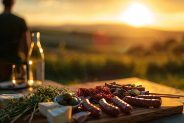 Plateau de charcuterie en plein air au coucher du soleil