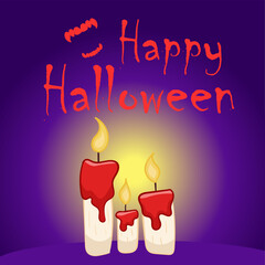 happy halloween greeting card post, internet, social media, flat vector illustration, candles, blood, for children, dark background, yellow