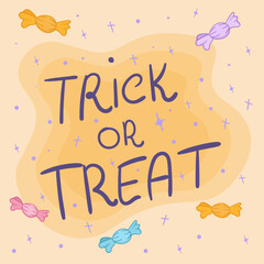happy halloween greeting card post, internet, social media, flat vector illustration, trick or treat, magic orange simple nackground with candies 