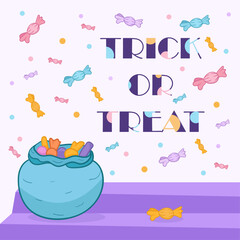 happy halloween greeting card post, internet, social media, flat vector illustration, trick of treat, colorful candies and background, bag of sweets, for children 