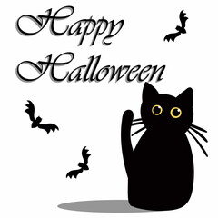 happy halloween greeting card post, internet, social media, flat vector illustration, black cat, bat, white background, for kids