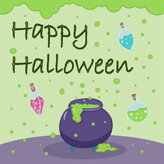 happy halloween greeting card post, internet, social media, flat vector illustration, cauldron with magic potion, green background
