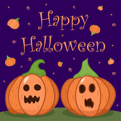 happy halloween greeting card post, internet, social media, flat vector illustration, scary pumpkins, for kids, simple background