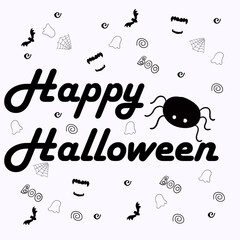 happy halloween greeting card post, internet, social media, flat vector illustration, spider with web, black and white, vampire teeth, boo