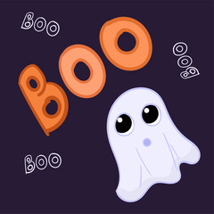 happy halloween greeting card post, internet, social media, flat vector illustration, simple background, cute gost, boo