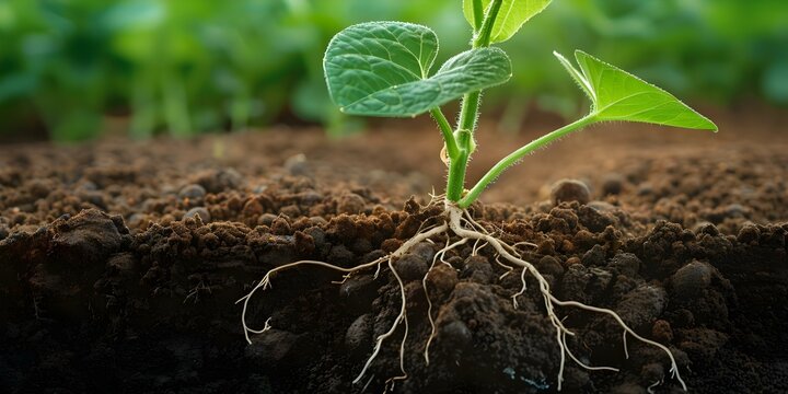 Green soybean plant roots growing in soil. Concept Root Growth, Green Plants, Soil Nutrition, Gardening Tips, Sustainability