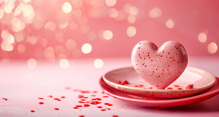 Banner with heart-shaped dish, pink background, love, pink glass, happy, ceramic, valentine's 