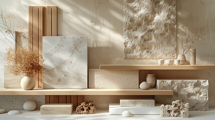 A flat lay of interior design material samples including marble, wood, and stone in neutral and earthy tones, minimalist photography, trending on Pinterest