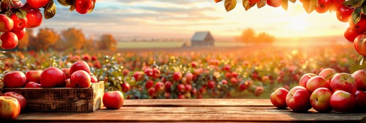 Orchard farm banner. Apple tree branch background. Fruit field, autumn garden. Agriculture harvest . Wood table with fall apple box. Fresh nature food. September farmhouse landscape. Red apple picking