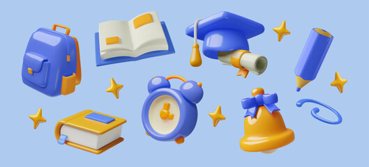 Children education 3d realistic vector icons collection. Minimal plastic style school bag, cap, textbooks, bell, clock, pencil and stars.  © Anastasiia